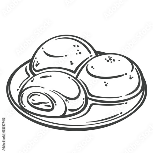 Three mochi ice cream balls on a round plate, one cut open with visible filling. Soft chewy texture shown in bold line style. Outline vector illustration for dessert packaging, menu, or stickers.