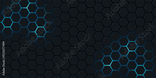 Dark technology hexagonal vector background. Abstract blue bright energy flashes under hexagon in dark technology modern futuristic background vector illustration. Gray honeycomb texture grid.