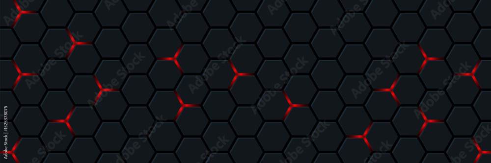 Black hexagon and red light.Abstract 3d background