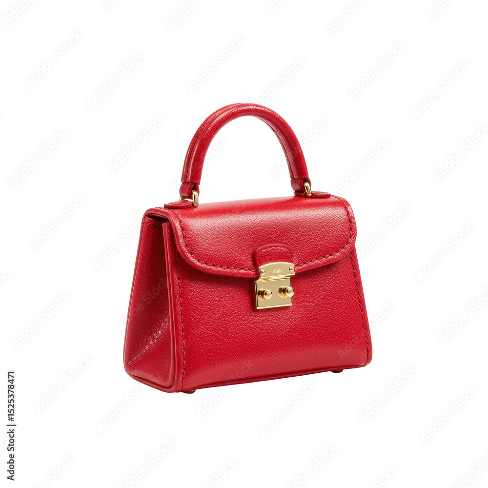 A miniature red leather top-handle bag with gold hardware, structured silhouette, and glossy finish, captured in ultra realistic UHD product photography against a transparent isolated background with A miniature red leather top-handle bag with gold hardware, structured silhouette, and glossy finish, captured in ultra realistic UHD product photography against a transparent isolated background with