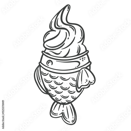 Fish-shaped taiyaki cone filled with creamy soft serve ice cream, detailed in monochrome engraving style. Outline vector illustration for dessert shop, menu, or packaging design.