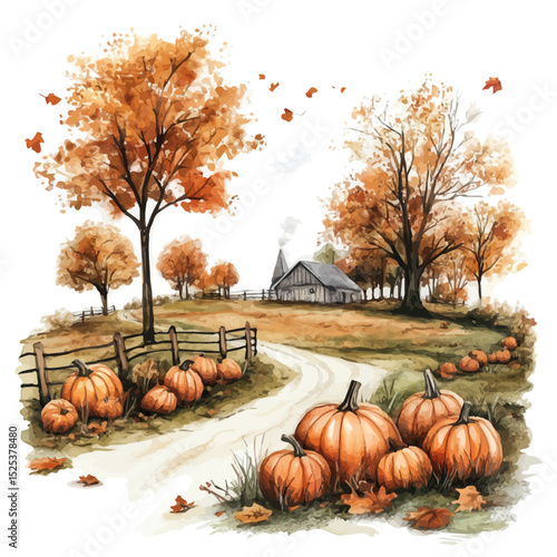 Farm Pumpkins Autumn Trees, watercolor clipart vector, high quality, isolated on a white background.