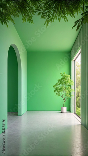 Modern green interior with plant and window emphasizing nature and architectural design