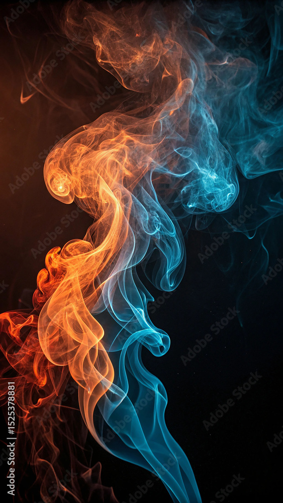 Fototapeta premium Abstract illustration of flowing orange and blue smoke on a black background