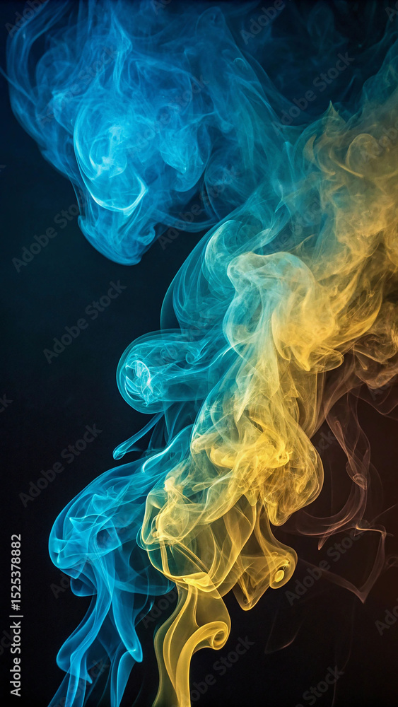 Fototapeta premium Abstract blue and yellow smoke art rising against a dark, dramatic background