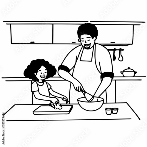 In a home kitchen, black father and his daughter bond over cooking a meal food, their laughter and love filling the air, embodying the joy of African American family life, Father's Day concept