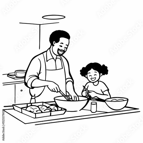 In a home kitchen, black father and his daughter bond over cooking a meal food, their laughter and love filling the air, embodying the joy of African American family life, Father's Day concept