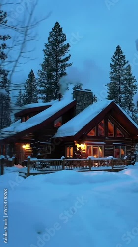 Wallpaper Mural Winter Cabin Serenity: A cozy cabin nestled in a snowy landscape at dusk. The warm glow of lights contrasts against the cold, evoking a sense of peace.  Torontodigital.ca