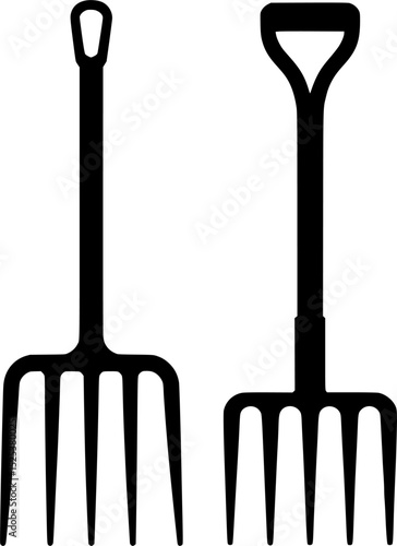 Silhouette of traditional pitchforks with long handles and sharp tines in black vector style ideal for farming tools, garden illustrations, rural icons, and agricultural design elements