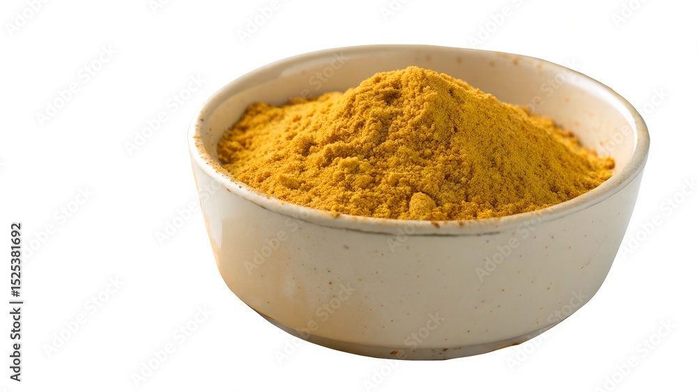 Ground yellow bell pepper powder in bowl on white background Ground yellow bell pepper powder in bowl on white background