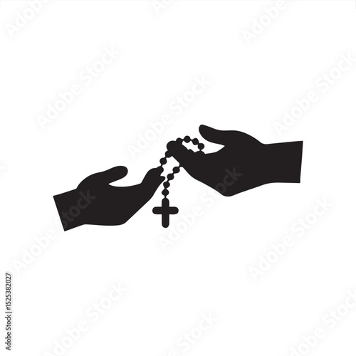 Catholic Rosary Silhouette Hands Holding Cross & Prayer Beads Devotion and Spiritual Symbol Isolated White Background Vector Illustration