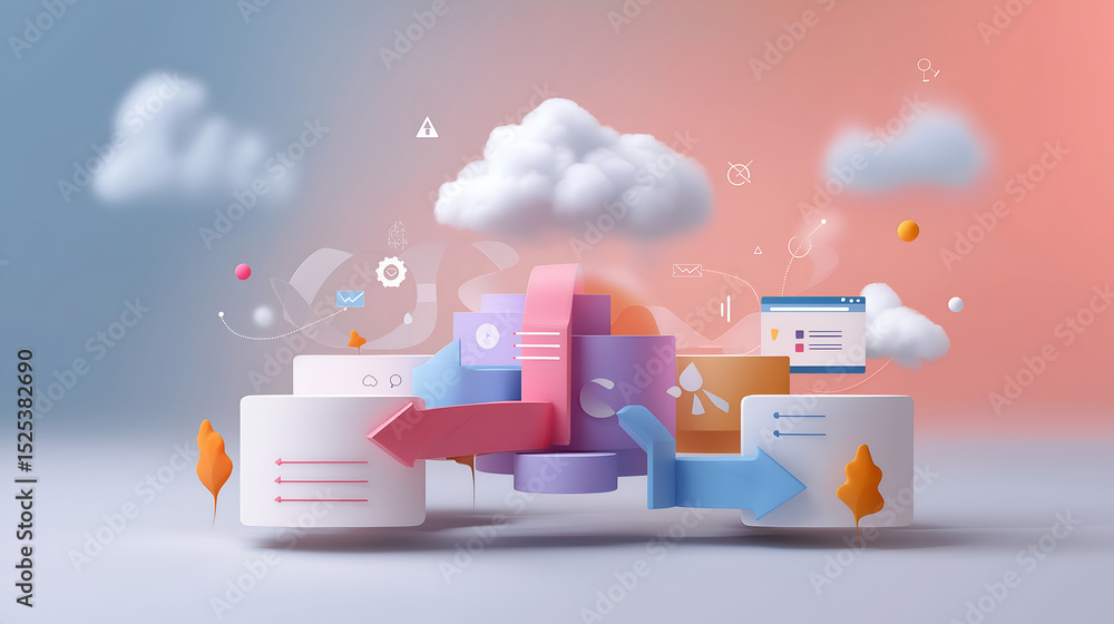 Obraz premium SaaS workflow with cloud icons, arrows, software layers and abstract background