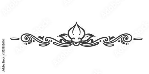 Ornate vintage divider ornament for invitations, menus, or decorative designs. Features flowing, symmetrical lines with teardrop center. Vector illustration of stylish divider on white background.