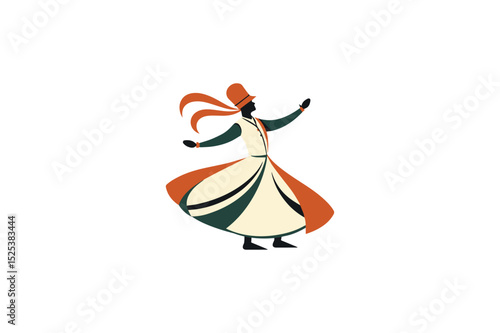 Sufi Whirling Dervish Silhouette Spiritual Dance in Flowing Robes on White Background Vector Illustration 