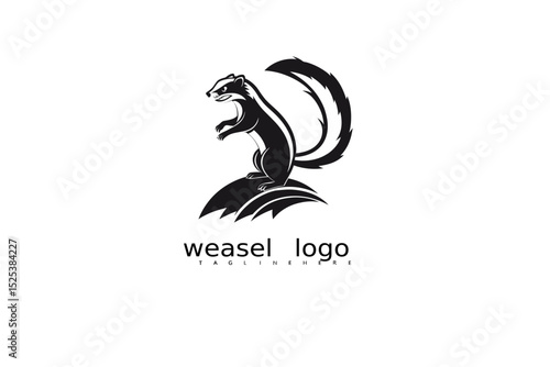 Monochrome logo design of elegant weasel with wild grass and crescent moon for eco nature branding, rustic outdoor identity, and wildlife product vector illustrations.

