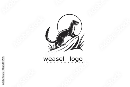Elegant wildlife logo of a weasel with moon and grass in black and white vector style, great for rustic branding, eco product design, and forest-themed outdoor business identity.

