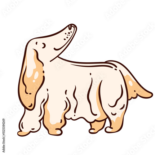 Long haired cream dog with beige spots, looking upward with floppy ears. Funny cartoon dog, drawn in a cute doodle style, for a pet sticker or playful mascot. Vector illustration