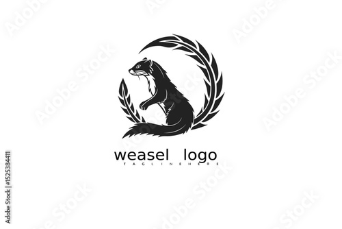 Forest-inspired black and white weasel logo with grass and moon design for rustic business identity, eco packaging, wildlife branding, and outdoor nature vector illustrations.


