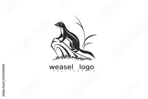 Elegant weasel logo vector design with natural moon and grass elements in black and white for rustic branding, forest-themed product identity, and eco-conscious wildlife illustration concepts.

