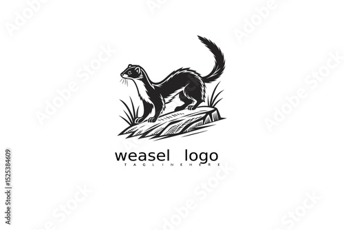 Graceful weasel logo vector in vintage black and white with nature elements like moon and grass for eco branding, rustic identity, and forest-themed wildlife product packaging designs.

