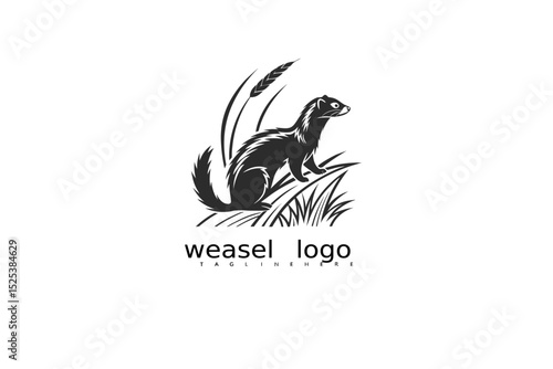 Stylized black and white logo of a weasel with wild grass and a crescent moon, ideal for eco product packaging, rustic branding, wildlife-themed businesses, and outdoor nature identity design.

