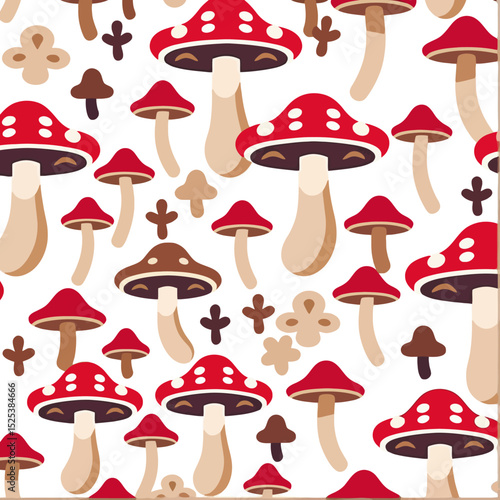 Mushroom Mania Pattern-Red Toadstools and Funghi Art-Whimsical Forest Floor Design-Illustration of Nature's Bounty-Rustic Decor-Cute Background