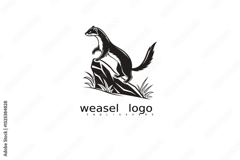 Fototapeta premium Rustic black and white weasel logo design with grass and crescent moon elements for nature product branding, wildlife business identity, and eco-conscious vector illustration use.