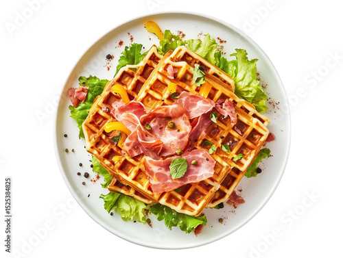 Dutch waffles with bacon for breakfast on transparent background, top view, png 