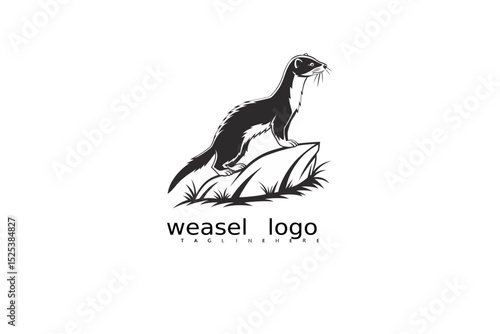 Elegant weasel logo vector in black and white with moon and grass scene, perfect for rustic branding, wildlife-themed businesses, outdoor product identity, and eco-conscious nature illustrations.

