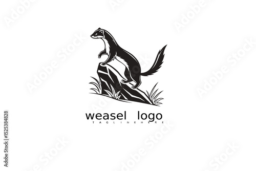 Rustic black and white weasel logo design with grass and crescent moon elements for nature product branding, wildlife business identity, and eco-conscious vector illustration use.

