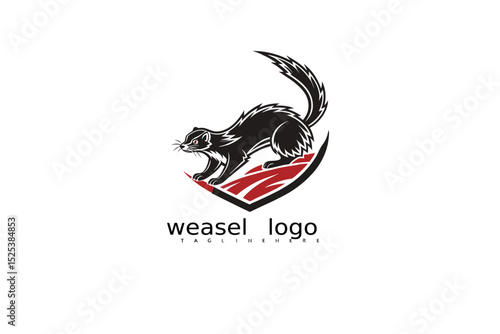 Minimalist vector logo of elegant weasel in black and white with moon and grass, suitable for eco businesses, rustic nature branding, and wildlife-themed outdoor product identity designs.

