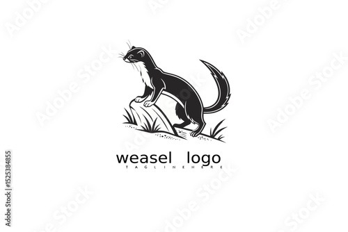 Nature logo featuring elegant weasel in grass under moonlight in monochrome vector style for rustic outdoor identity, eco branding, and wildlife-inspired product design illustrations.

