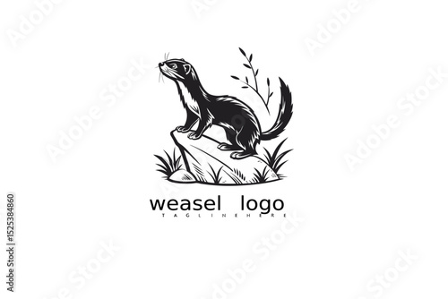Stylish black and white weasel logo with moon and wild grass for forest business identity, eco packaging design, rustic branding, and elegant wildlife-themed vector illustrations.

