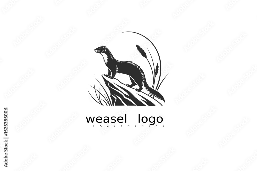 Obraz premium Monochrome weasel logo vector with crescent moon and wild grass, ideal for branding outdoor gear, eco product labels, rustic packaging, and nature-based wildlife business identity logos.