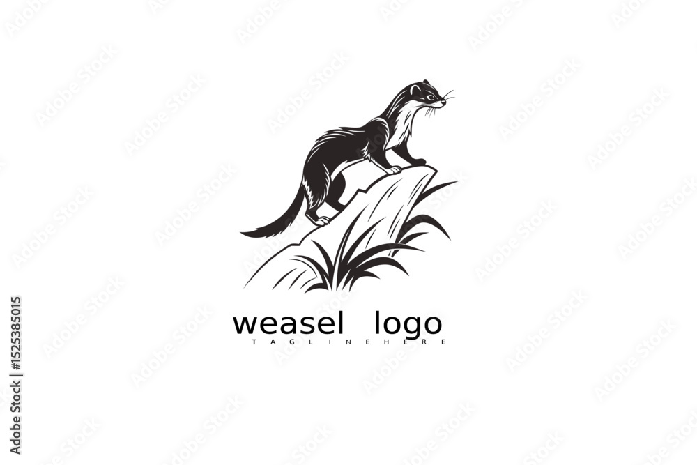Obraz premium Graceful weasel vector logo in black and white featuring grass and crescent moon for rustic outdoor business identity, eco-conscious product labels, and wildlife-themed brand illustrations.