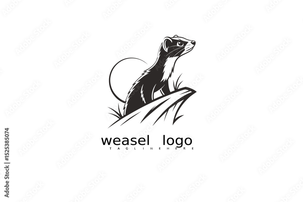 Obraz premium Black and white logo illustration of elegant weasel with moon and grass for eco branding, rustic product identity, wildlife-themed designs, and outdoor nature-based business logos.