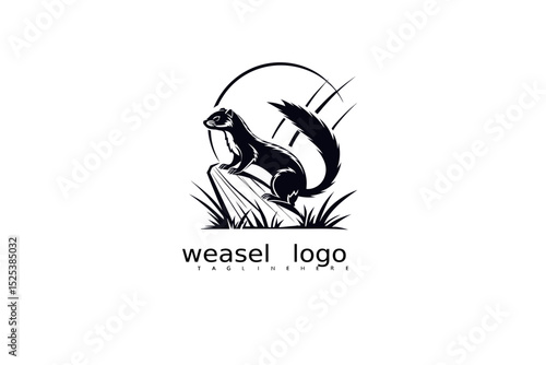 Crescent moon and grass logo vector featuring black and white elegant weasel for forest product identity, eco packaging design, rustic branding, and outdoor wildlife-themed business logos.

