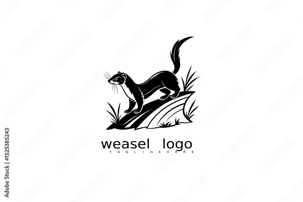 Fototapeta premium Vector illustration of elegant weasel logo in monochrome with nature details like grass and moon for use in rustic outdoor branding, eco identity design, or forest wildlife-themed business logos.