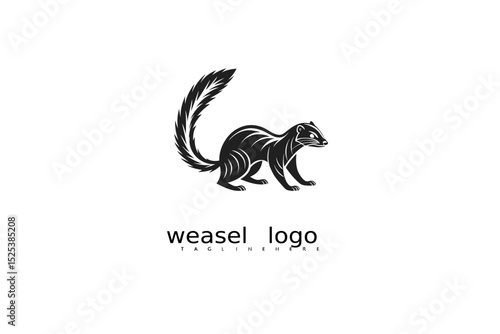 Outdoor-themed weasel logo design vector with black and white crescent moon and grass accents for use in eco branding, nature logos, forest product identity, and rustic wildlife illustrations.

