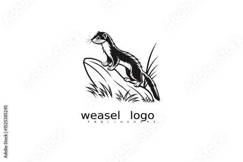 Majestic weasel emblem logo in silhouette style with crescent moon and wild grass elements for nature brands, outdoor gear packaging, eco products, and vintage wildlife vector design themes.


