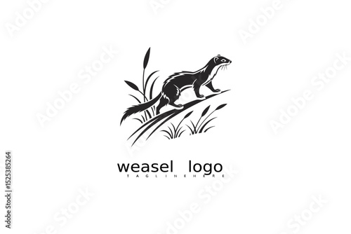 Elegant weasel logo vector with crescent moon and grass elements in black and white style for wildlife, eco branding, forest product packaging, or rustic outdoor-themed business identity design.

