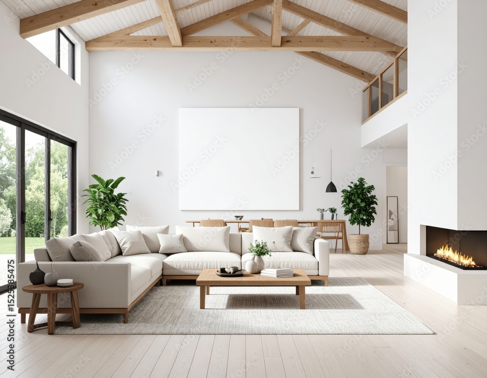 Fototapeta premium Bright living room with vaulted ceiling modern fireplace and large blank canvas