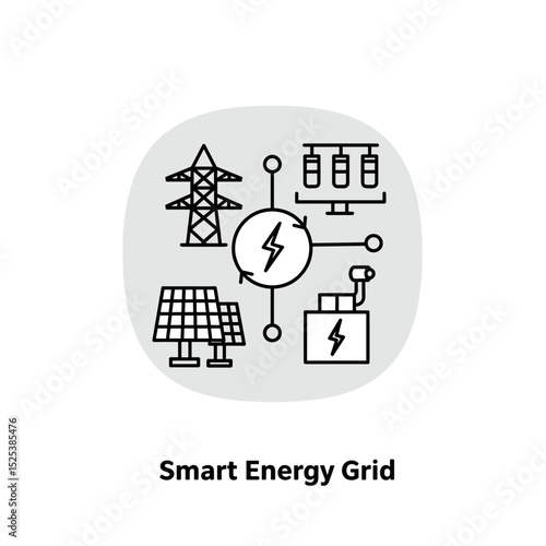 Smart energy grid illustration with solar panels, power lines, and battery  