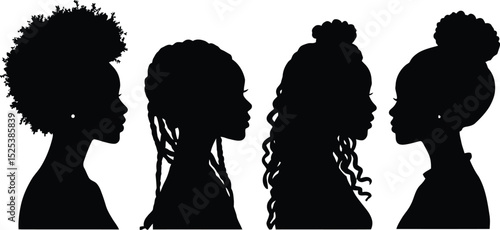 Diverse Hairstyles & Cultural Identity Symbol Set Featuring Four Side-Profile Silhouetted Heads, Each Showcasing a Distinct Hairstyle—A Voluminous Afro, Intricate Braids, A Tightly Curled Bun, 