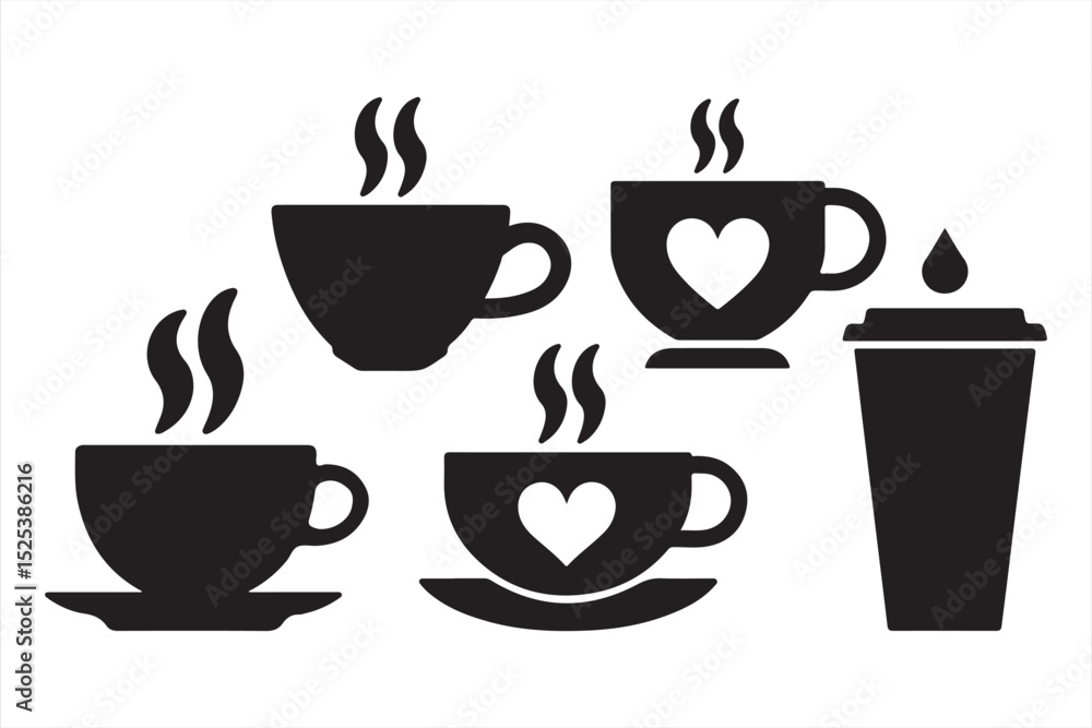 Obraz premium Modern coffee icon bundle with mugs, cups, steam, and heart elements for café branding, UI design, and warm drink vector illustrations
