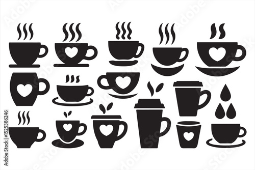 Coffee mug and takeaway cup icon set with heart symbols and steam in bold silhouette style for café branding, cozy drink designs, and morning beverage visuals