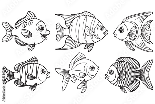 Playful cartoon fish outline collection with stripes, fins, and bubbles—perfect for aquatic coloring pages, kids’ books, or fun underwater-themed artwork