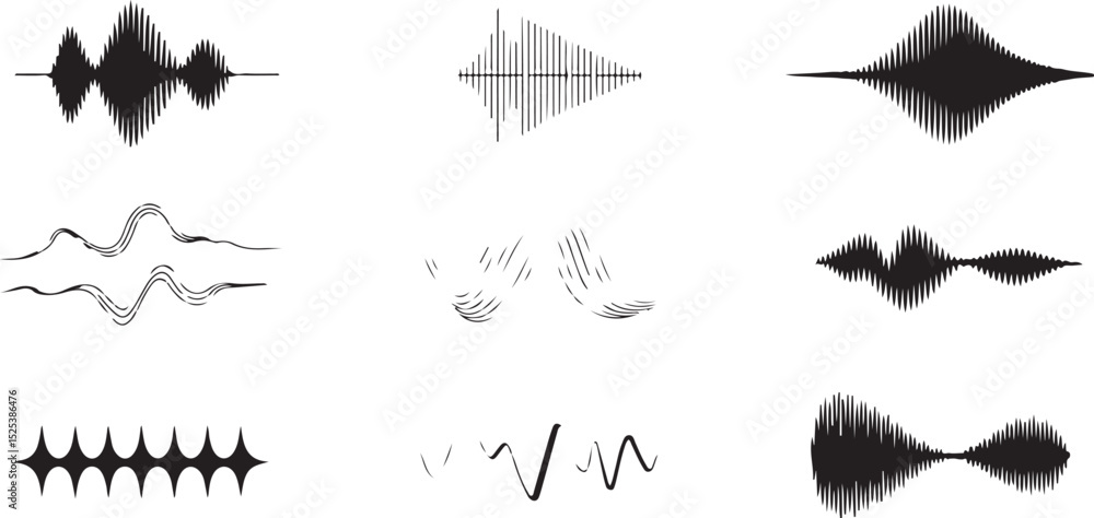 Fototapeta premium Techno-aesthetic waveform icons featuring rhythmic audio flows, oscillations, and frequency diagrams for modern UI and media design