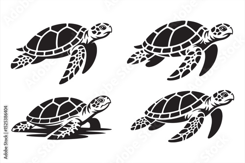 Bold and clean vector illustrations of swimming sea turtles with strong outlines and natural motion for nautical artwork or educational visuals