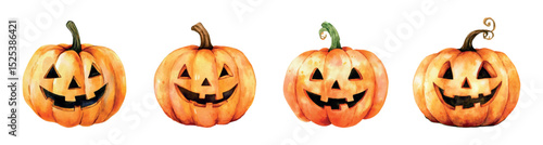 Watercolor set of Halloween pumpkins png. Orange pumpkins with carved evil eyes in cartoon style. Watercolor elements for Halloween. Vector illustration.
